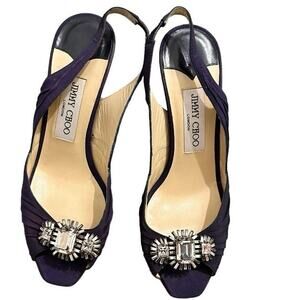 Jimmy Choo Blue Silk Crystals Peep Toe Slingbacks Evening Pumps Sandals 36.5
